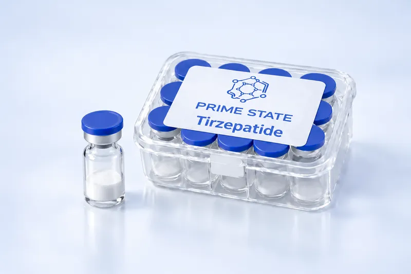 Prime State blue-capped research vials in a clear laboratory container