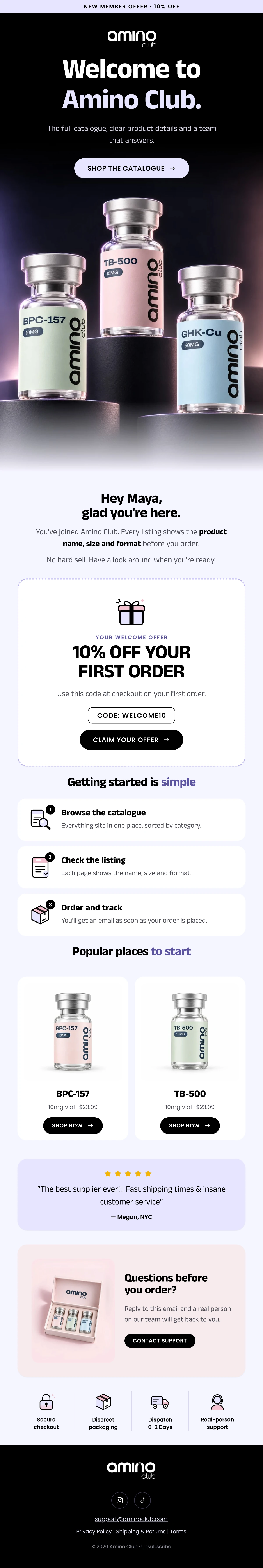 Amino Club welcome email design
