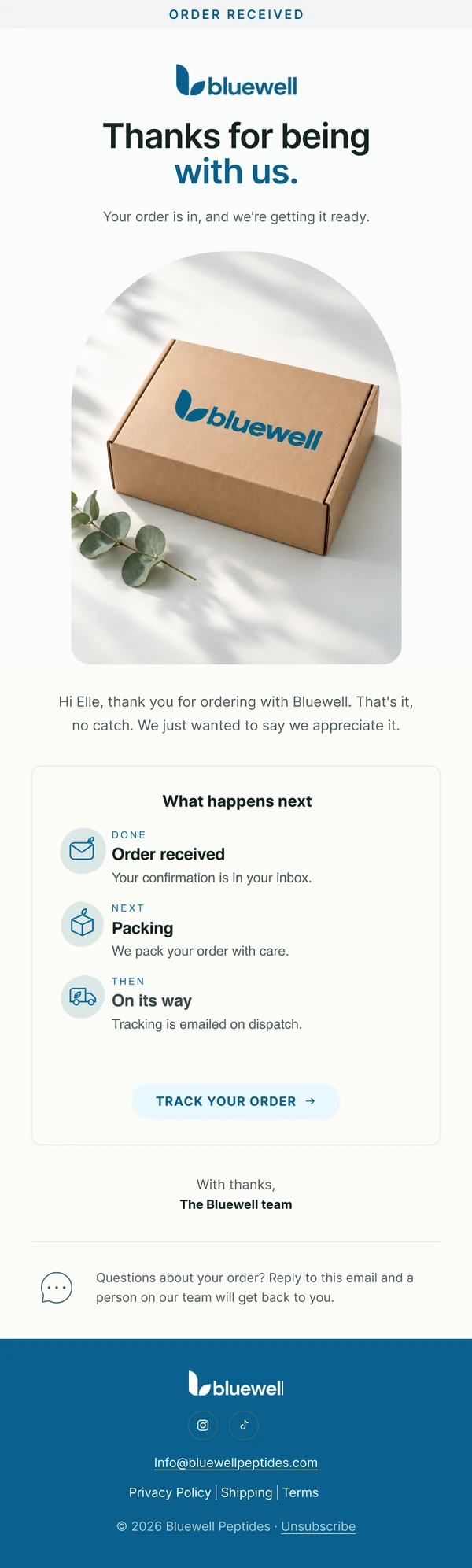 Bluewell thank-you email design