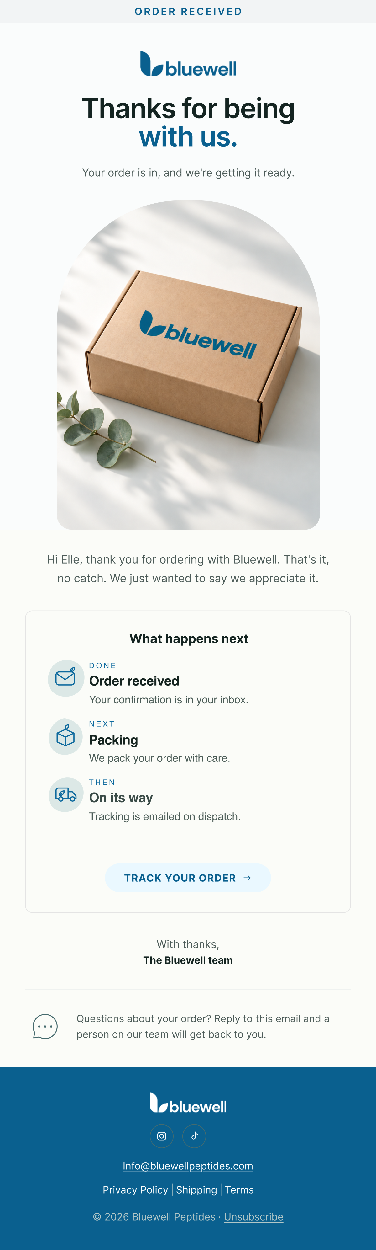 Bluewell thank-you email design