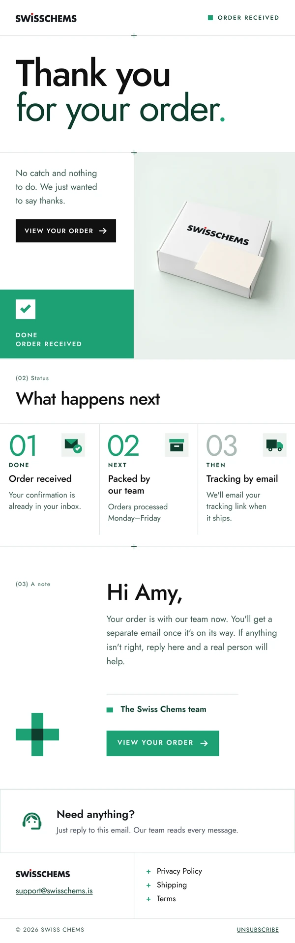 Swiss Chems thank-you email design
