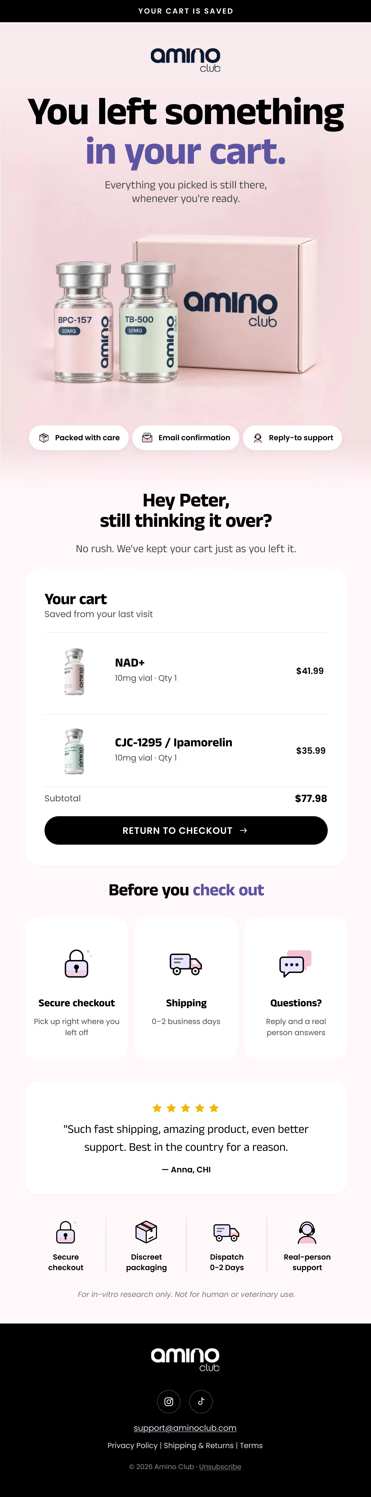 Amino Club cart email design