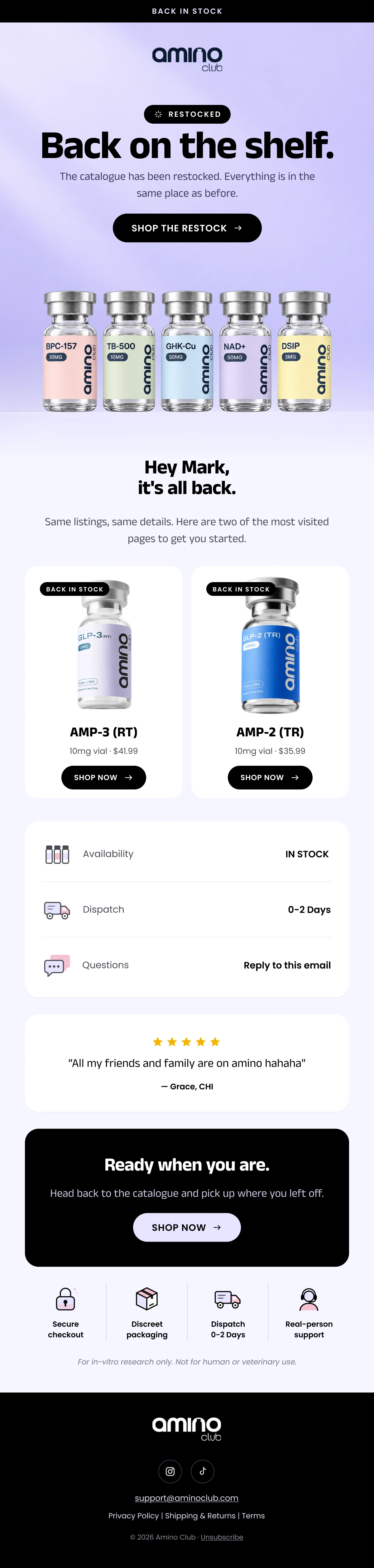 Amino Club restock email design