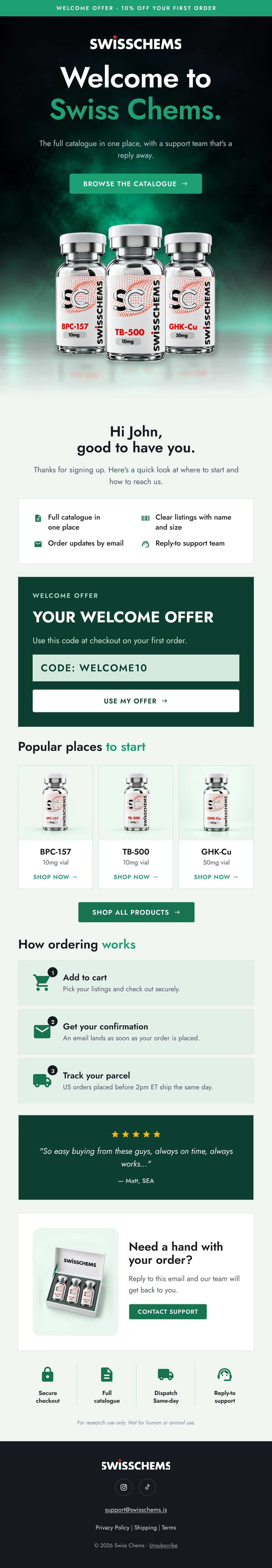 Swiss Chems welcome email design
