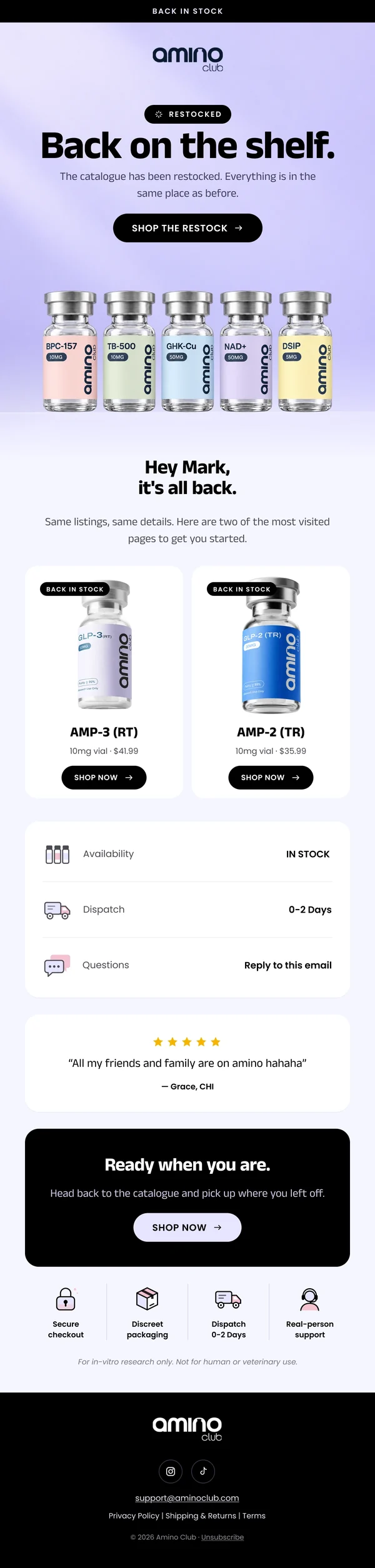 Amino Club restock email design