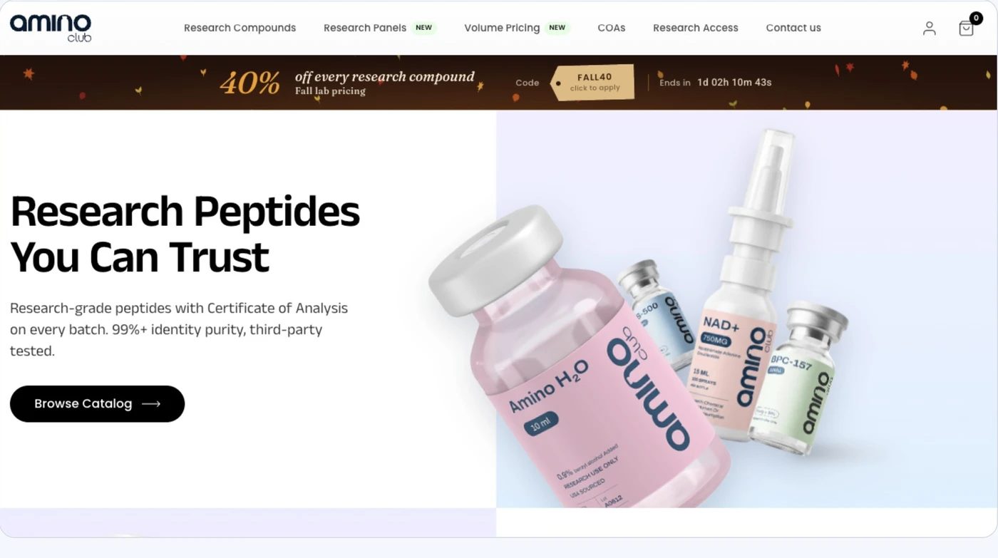 Amino Club website, featuring its branded homepage and product collection