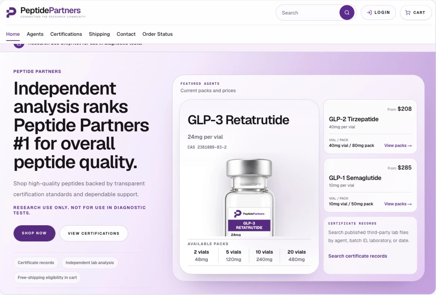 Peptide Partners website, featuring its branded homepage and product collection