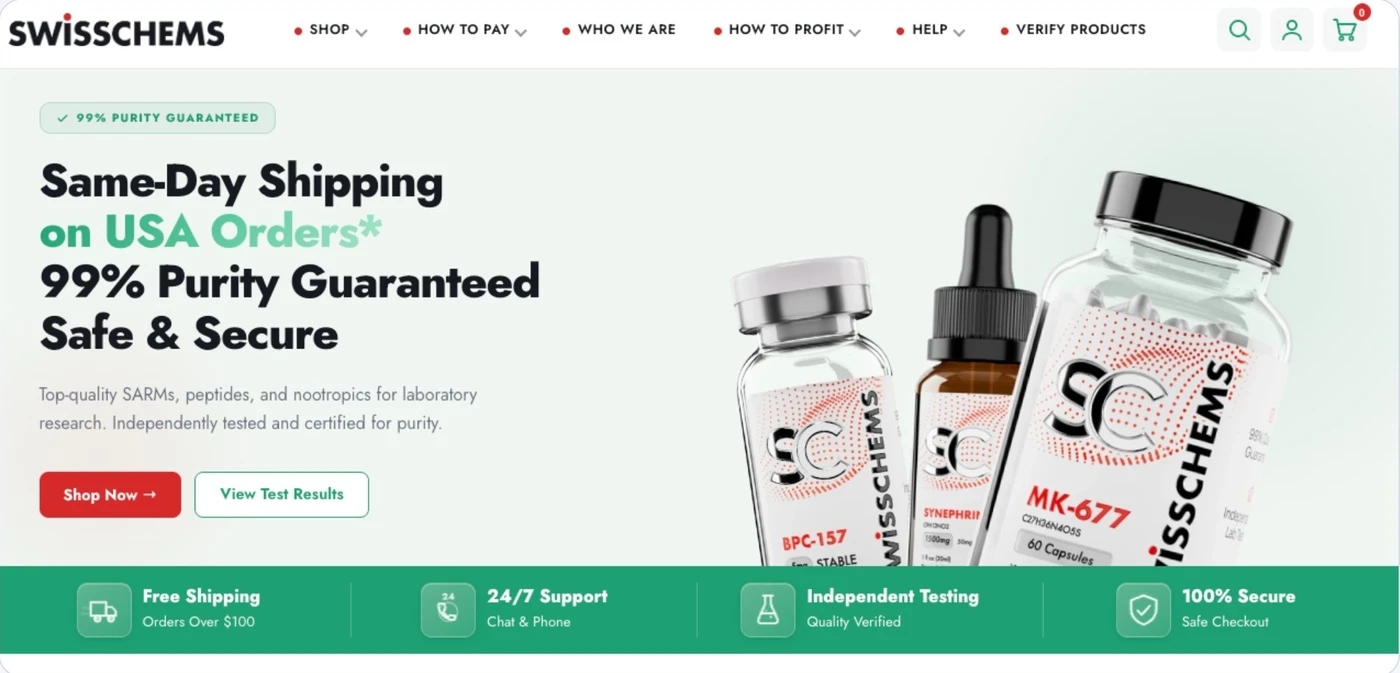 Swiss Chems website, featuring its branded homepage and product collection
